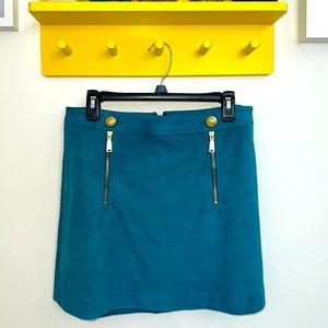 EXPRESS Teal Suede skirt with gold zippers and buttons on front. Size 12